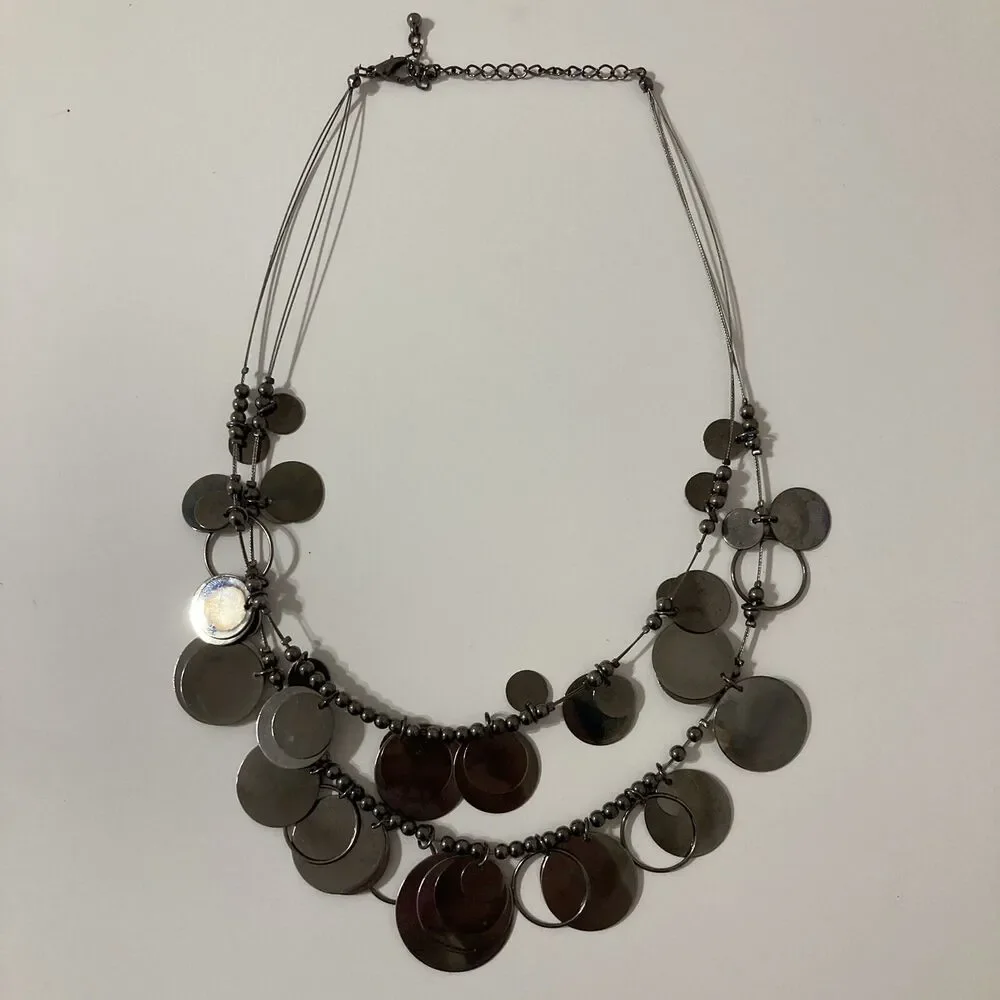 Wire Disc Round Circle Ringlet Chrome Bead Statement Bib Necklace Adjustable